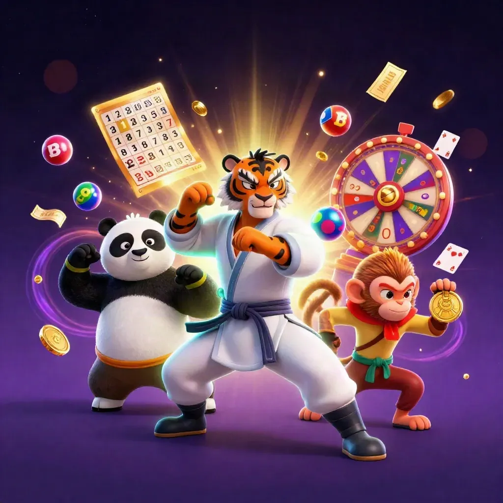 Kung-fu tiger, panda, and monkey amid casino lights, lottery balls, prize wheel, and gold coins