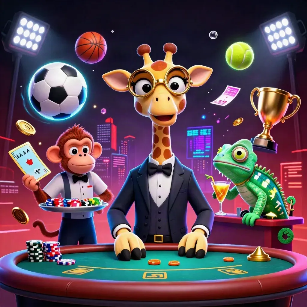 Low-angle casino sports tile with giraffe, monkey valet, chameleon bartender, flying balls and gold