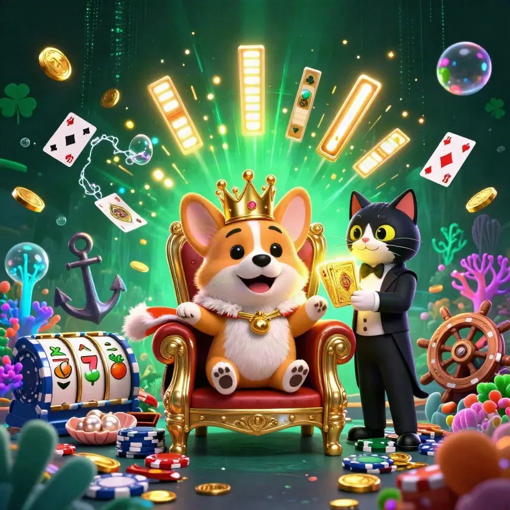 Royal corgi and cat butler in a treasure cove with coins, coral, cards, and neon casino effects