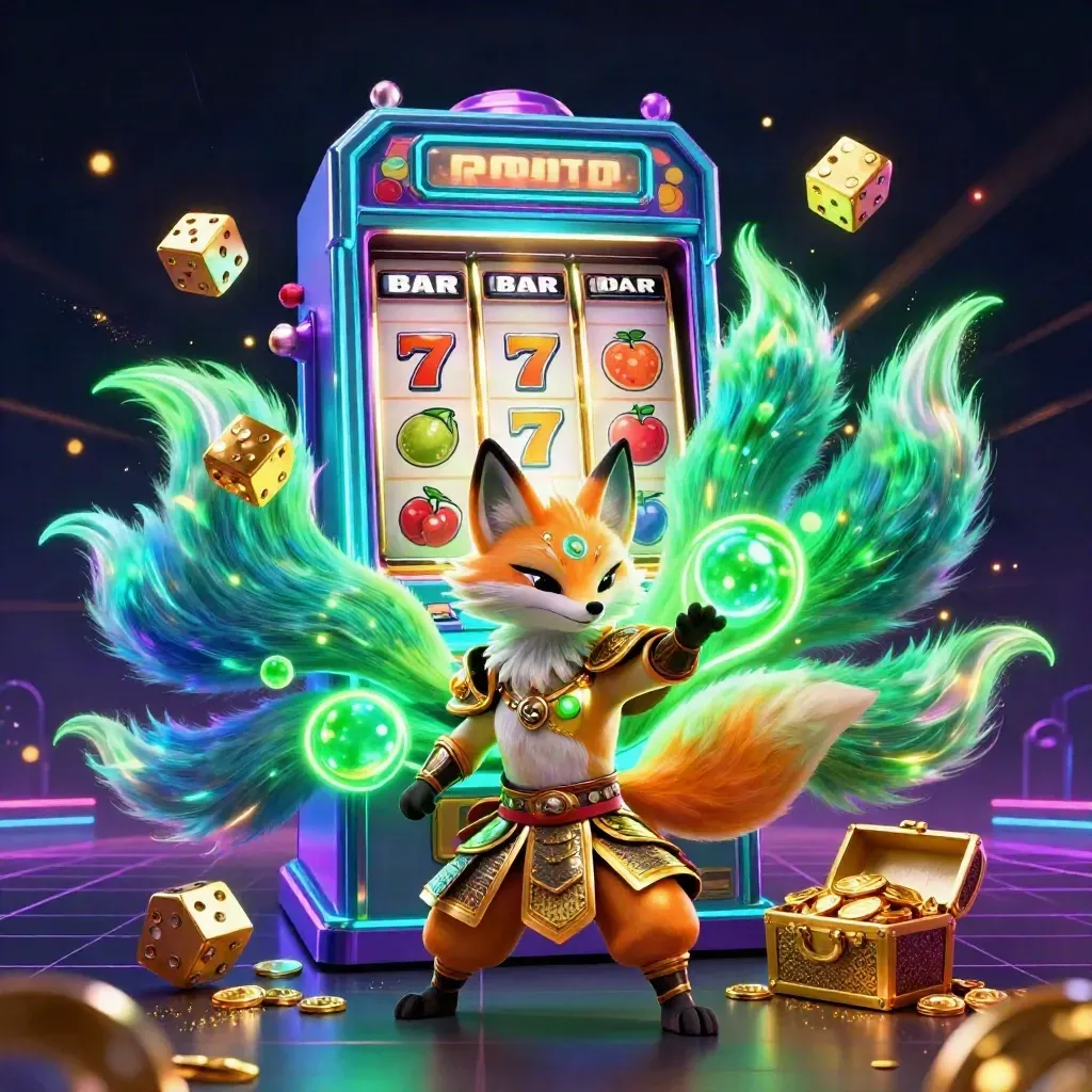 Neon fox spirit and armored mouse amid exploding slot reels, gold, and neon casino glow.