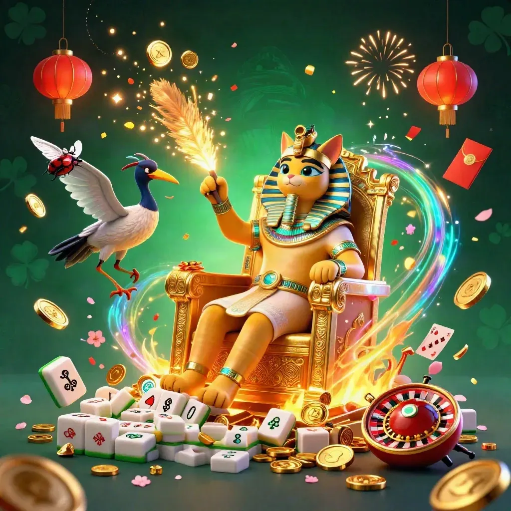 Pharaoh cat, ibis scribe, and gem-wing scarabs amid bursting coins, lanterns, fireworks, and treasure.