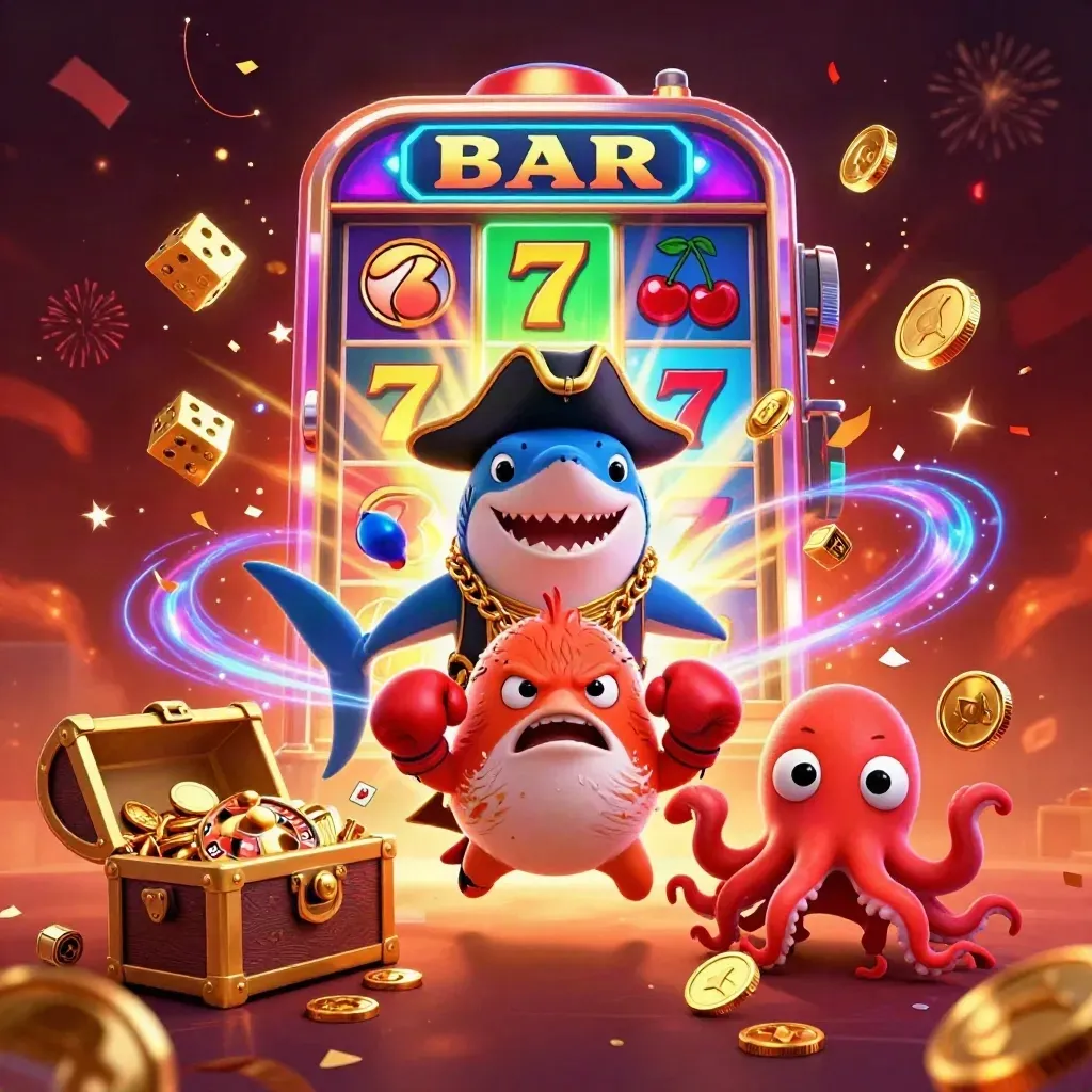 Pirate shark, boxing pufferfish, and coin-juggling octopus amid casino explosions and gold