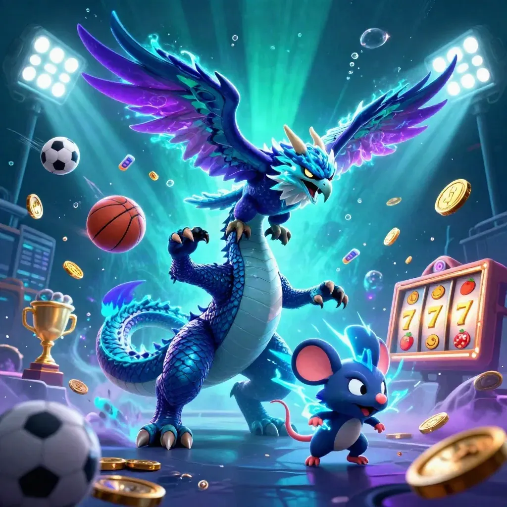 Electric dragon, hawk, and static mouse amid casino reels, balls, trophies, and neon underwater glow.